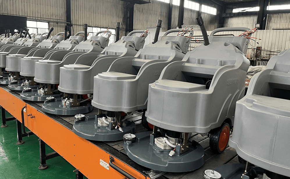 a row of floor cleaning machines