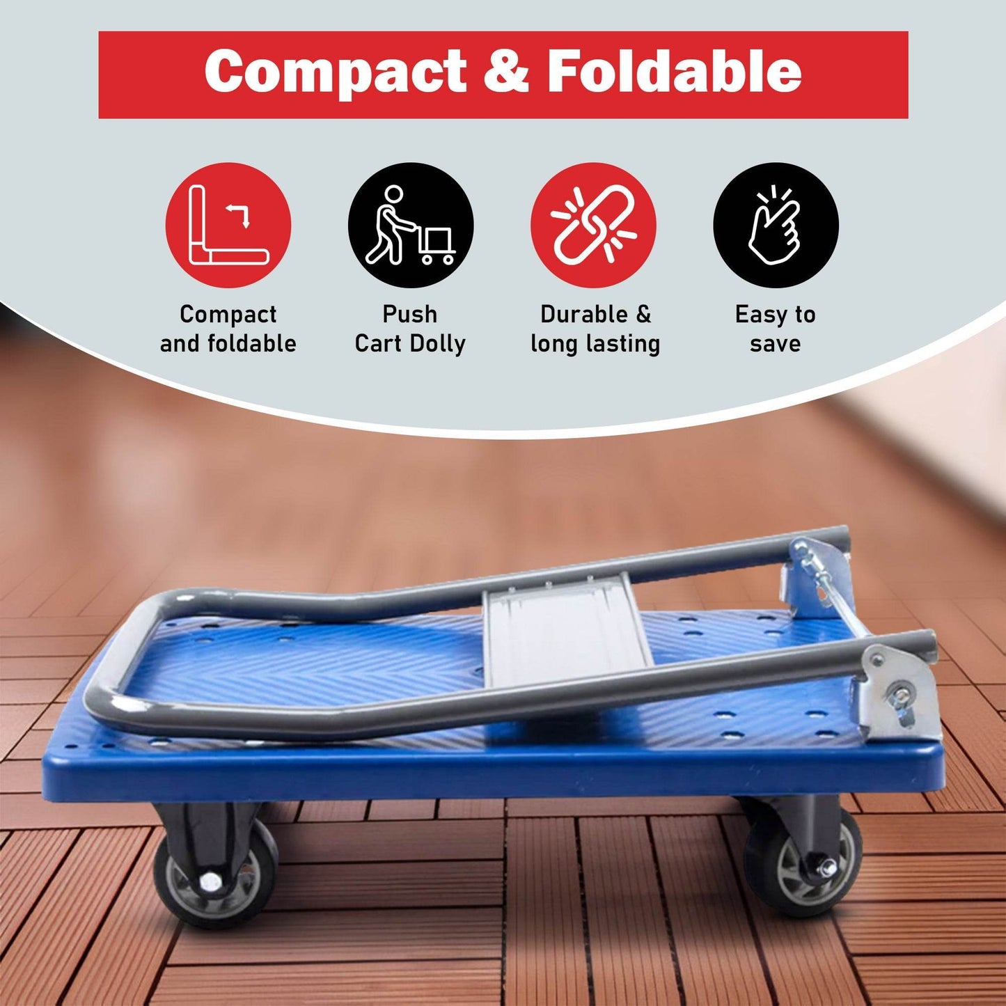 Platform Hand Truck, Push Cart Dolly, Compact & Foldable for Easy Storage and Mobility, 330-660 lb Capacity, 360 Degree Swivel Wheels, Blue - SUNMAX