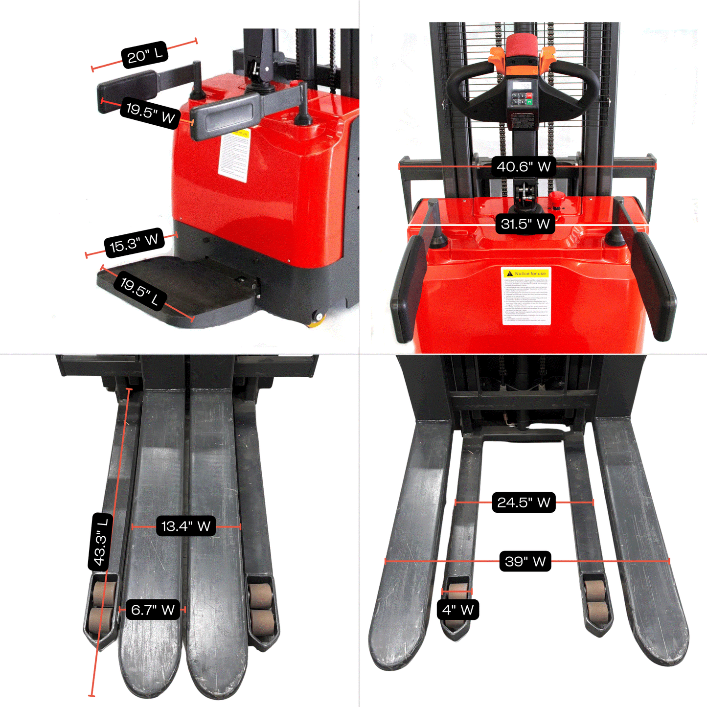Electric pallet stacker PS3300FE-3M with detailed measurements, 3300 lbs capacity, 118" lifting height, suitable for open-bottom pallets.