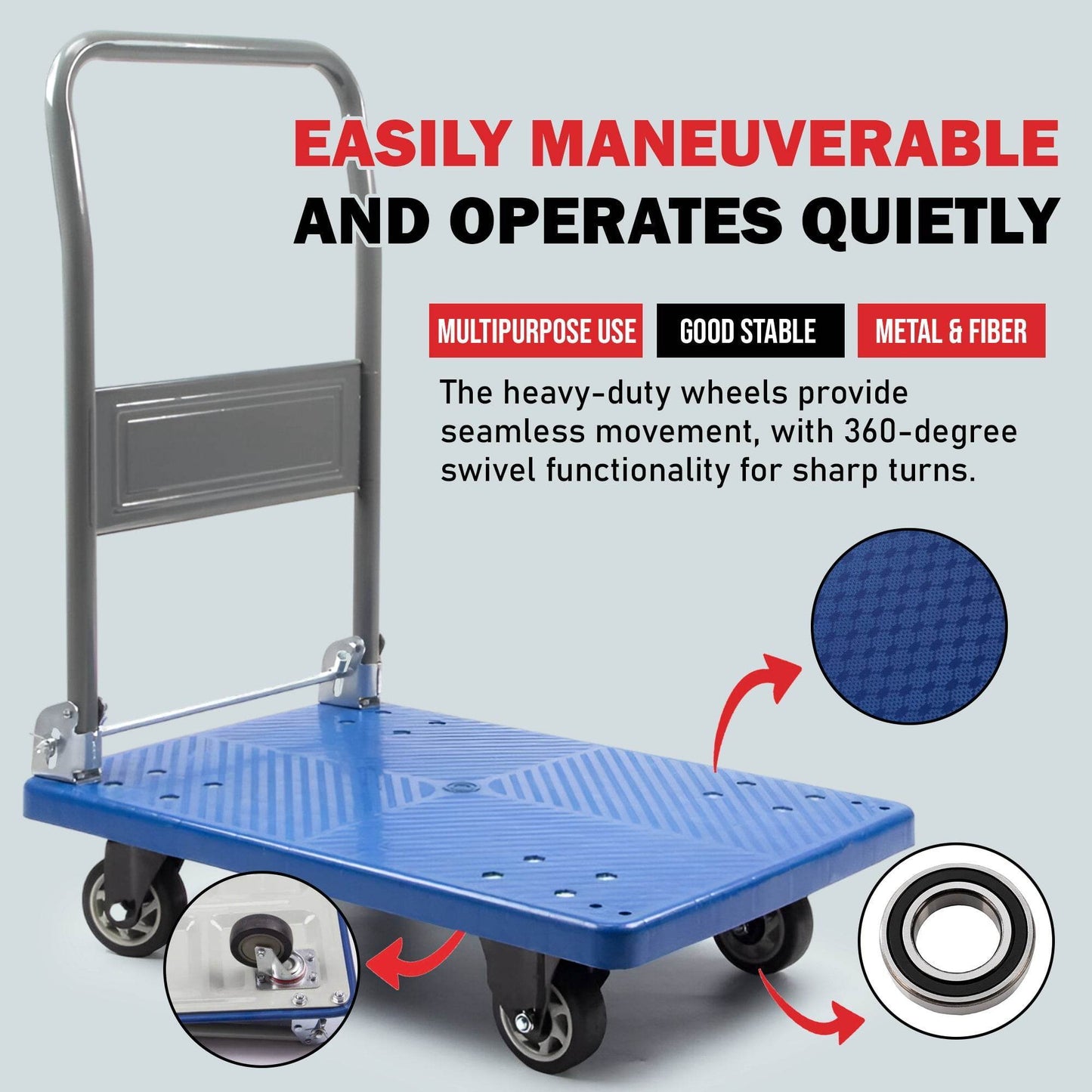 Platform Hand Truck, Push Cart Dolly, Compact & Foldable for Easy Storage and Mobility, 330-660 lb Capacity, 360 Degree Swivel Wheels, Blue - SUNMAX