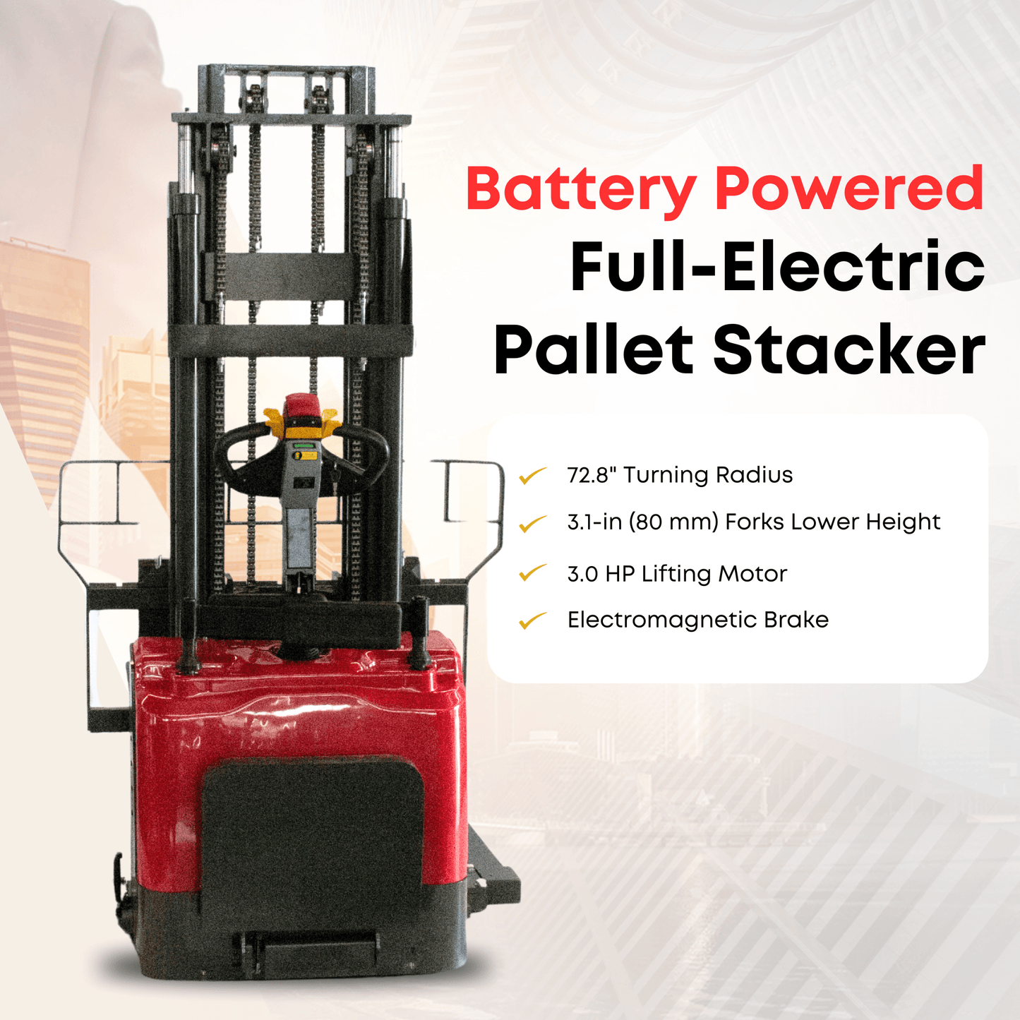 PS3300FE-4M Full Electric Pallet Stacker β 3300 lbs Capacity, 157" Lift Height, Adjustable Legs