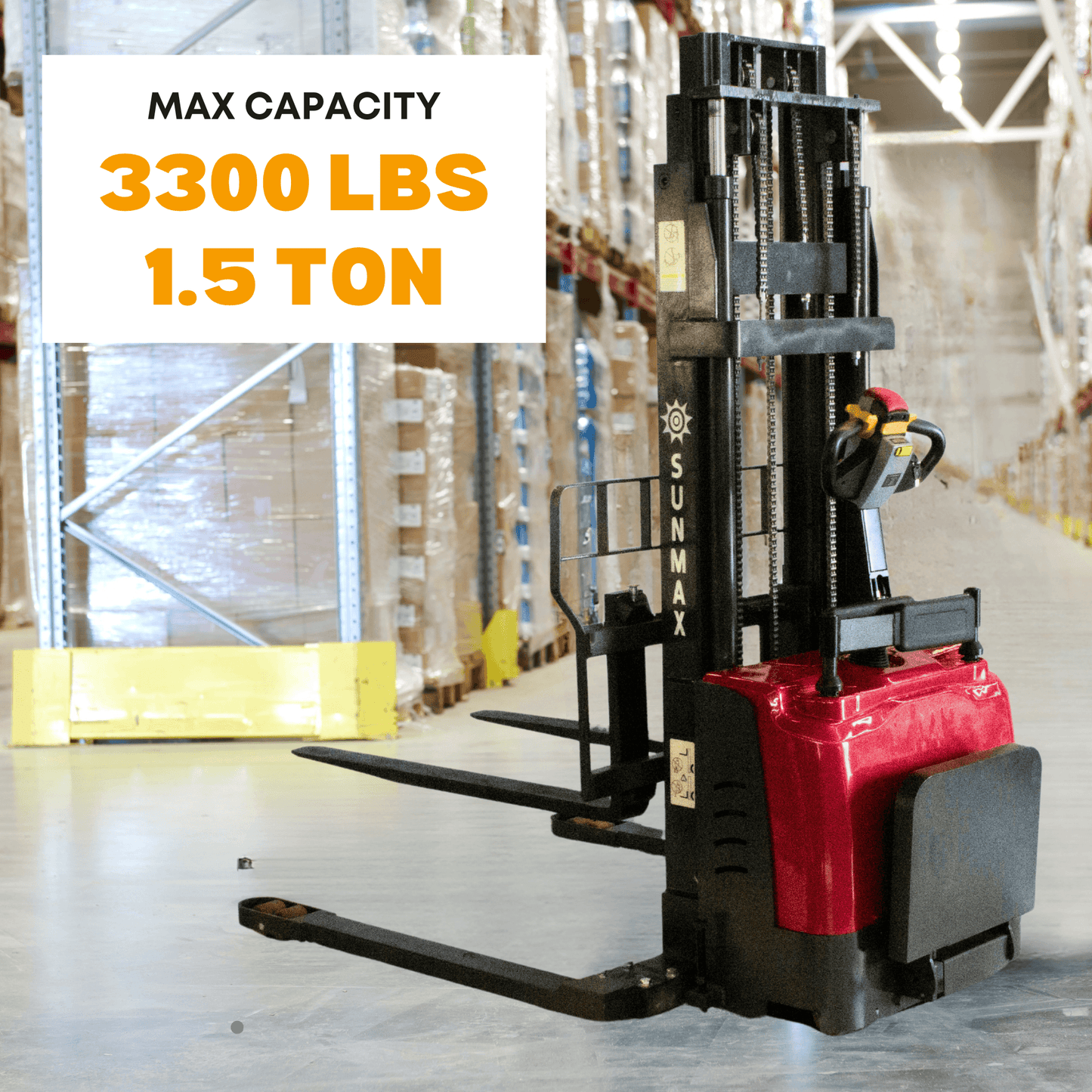 PS3300FE-4M Full Electric Pallet Stacker β 3300 lbs Capacity, 157" Lift Height, Adjustable Legs