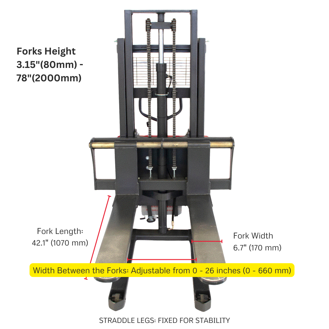 Semi-electric pallet stacker with 3300 lbs capacity, 78" lifting height, fixed straddle legs, and adjustable fork width.