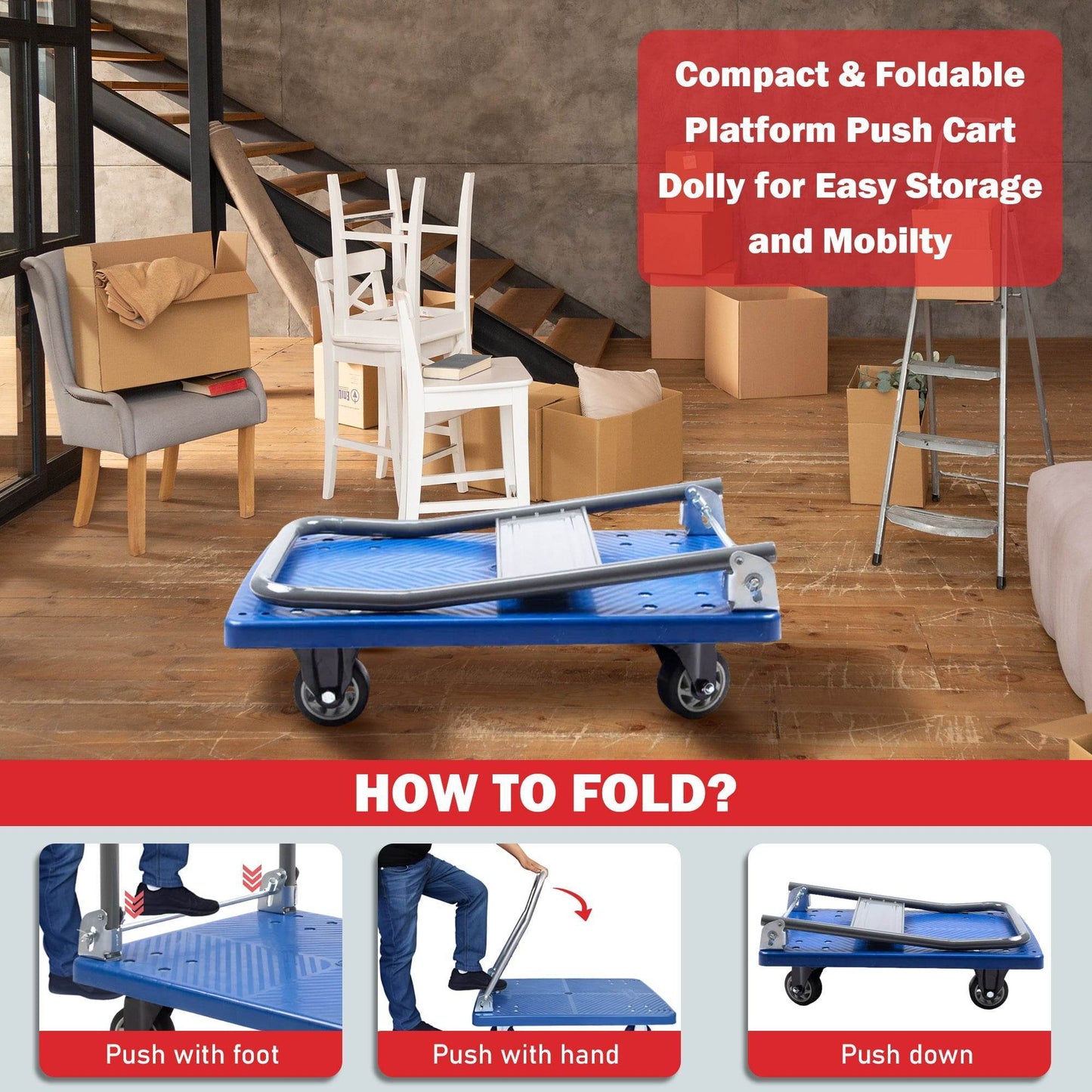 Platform Hand Truck, Push Cart Dolly, Compact & Foldable for Easy Storage and Mobility, 330-660 lb Capacity, 360 Degree Swivel Wheels, Blue - SUNMAX