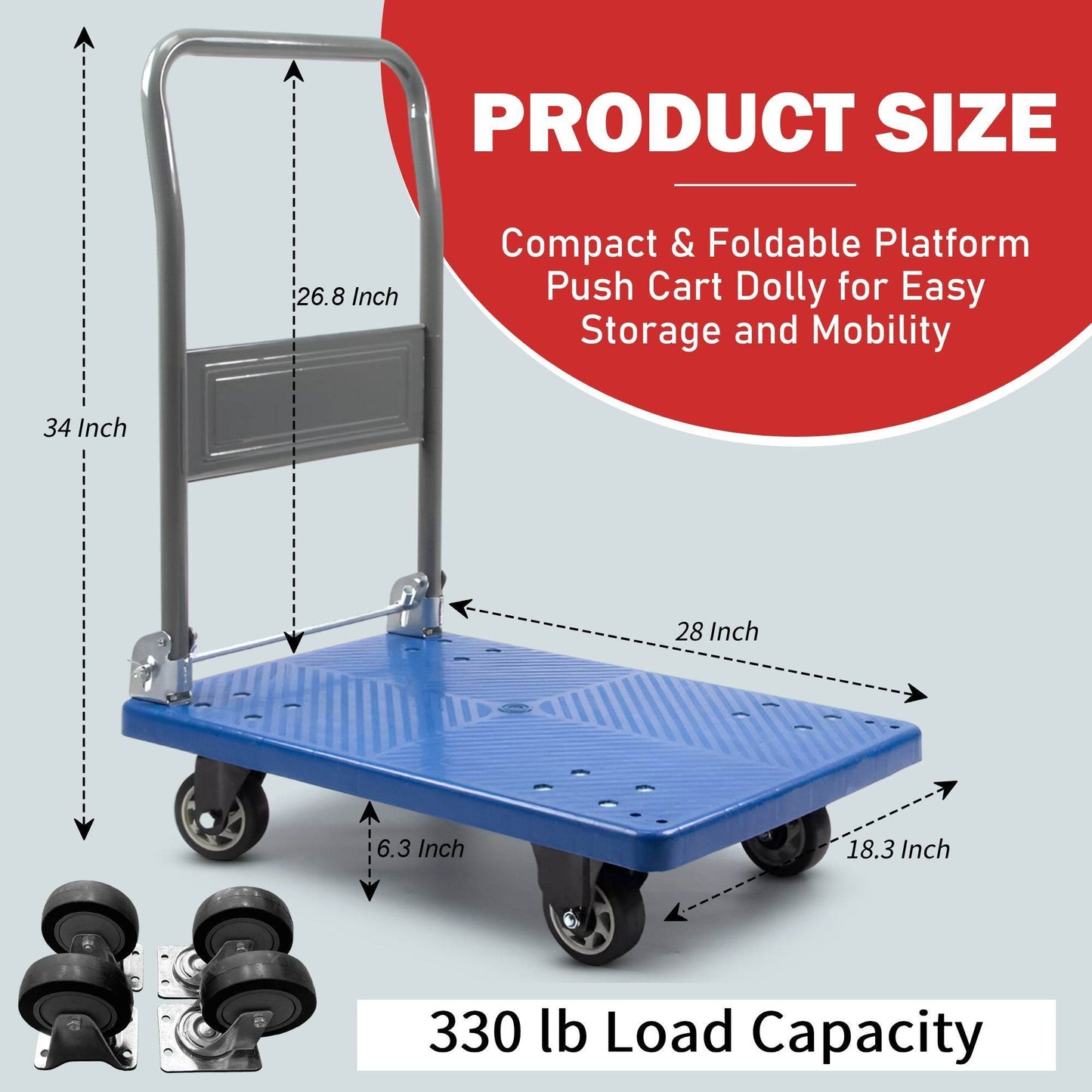 Platform Hand Truck, Push Cart Dolly, Compact & Foldable for Easy Storage and Mobility, 330-660 lb Capacity, 360 Degree Swivel Wheels, Blue - SUNMAX