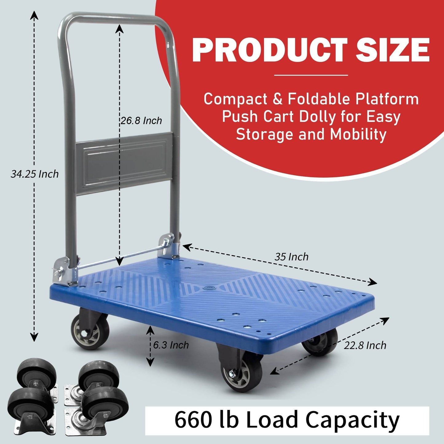Platform Hand Truck, Push Cart Dolly, Compact & Foldable for Easy Storage and Mobility, 330-660 lb Capacity, 360 Degree Swivel Wheels, Blue - SUNMAX