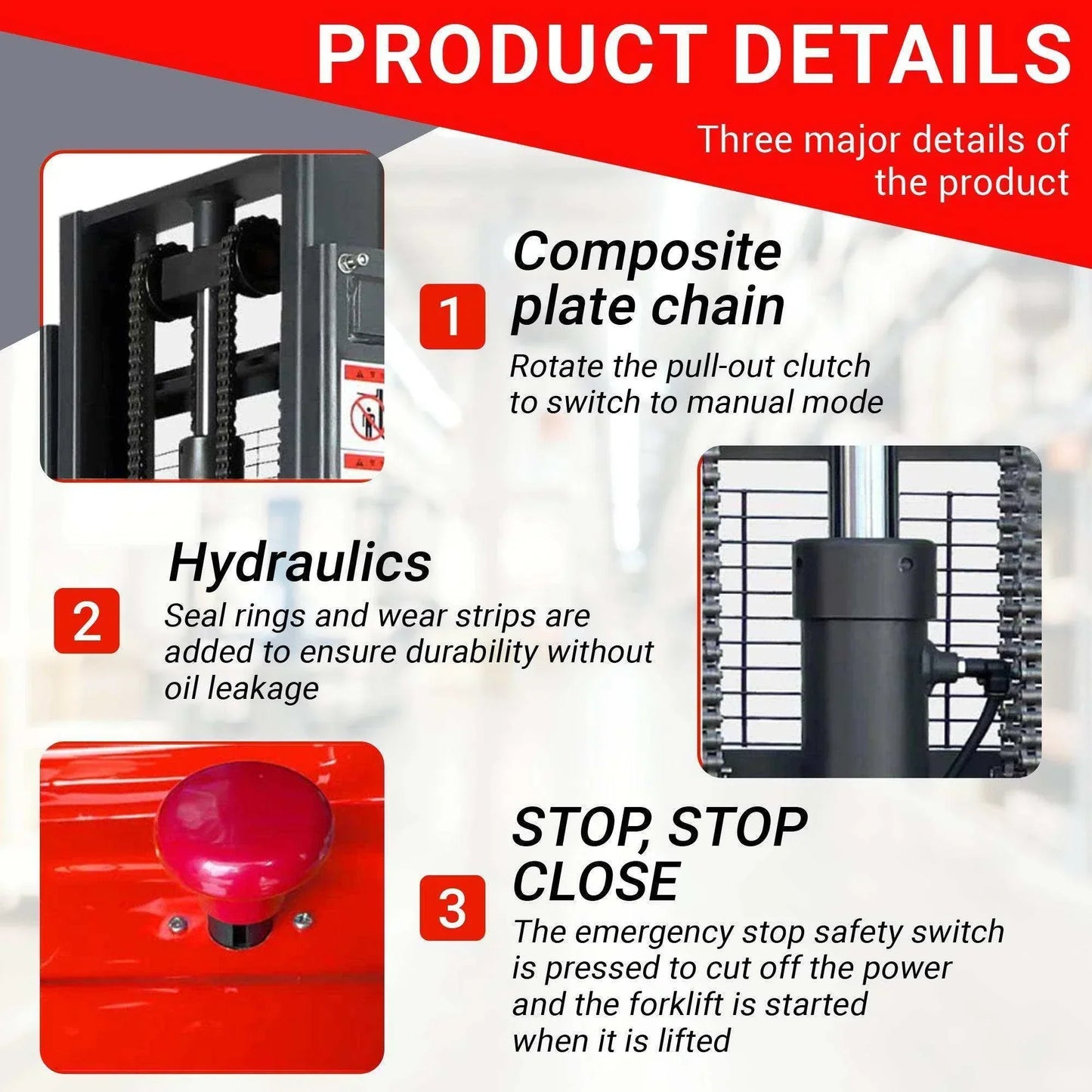 Electric pallet stacker featuring composite plate chain, durable hydraulics, and emergency stop safety switch for secure lifting and operation.