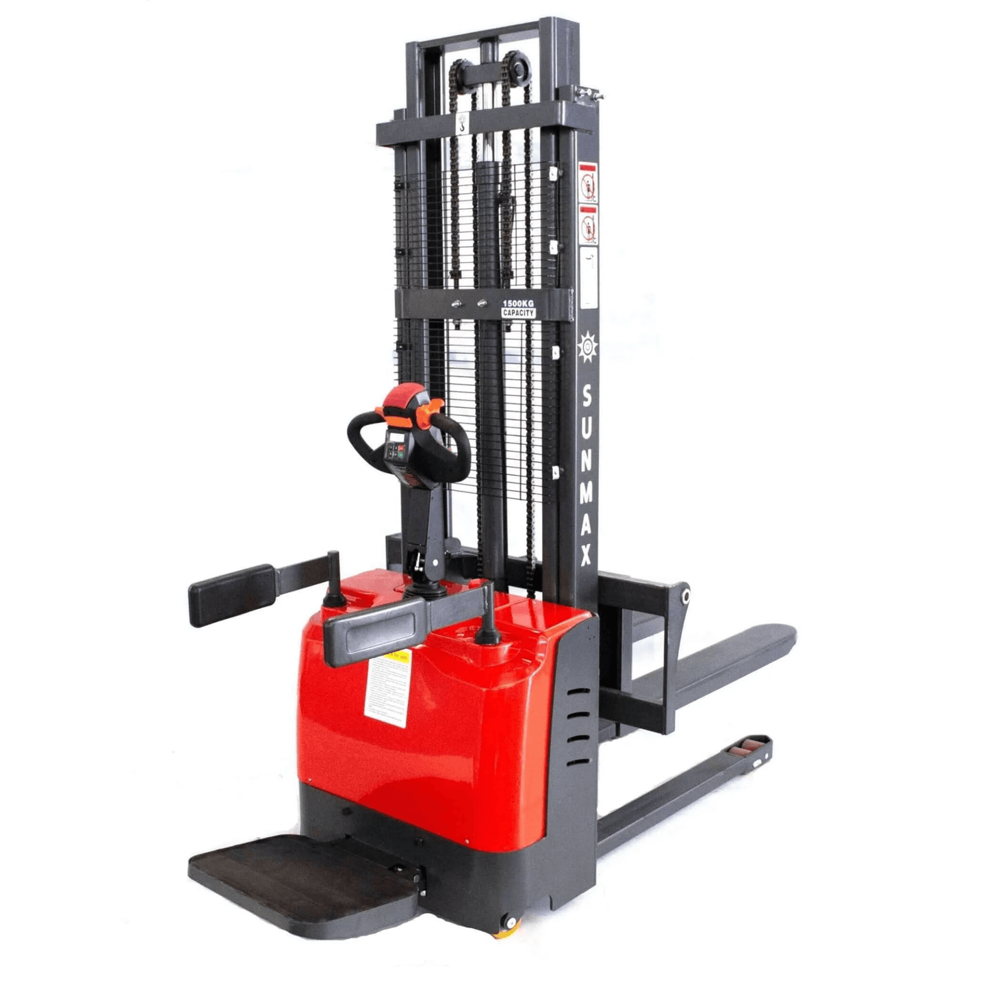 SUNMAX PS3300FE-3M electric pallet stacker with 3300 lbs capacity, 118-inch lift height, open-bottom pallet compatible, red and black design