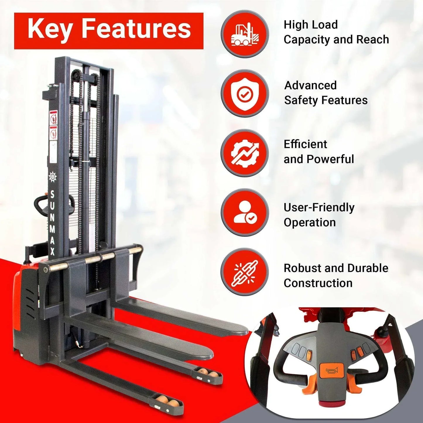 SUNMAX PS3300FE-3M Electric Pallet Stacker with 3300 lbs capacity, 118-inch lift, ergonomic controls, advanced safety features, and durable construction for open-bottom pallets.