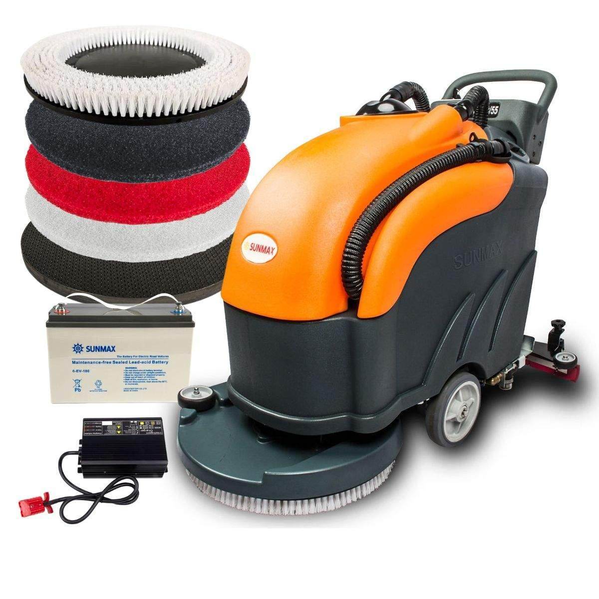 RT50 battery powered walk-behind floor scrubber with 22-inch brush, multiple pads, and battery charger for commercial cleaning