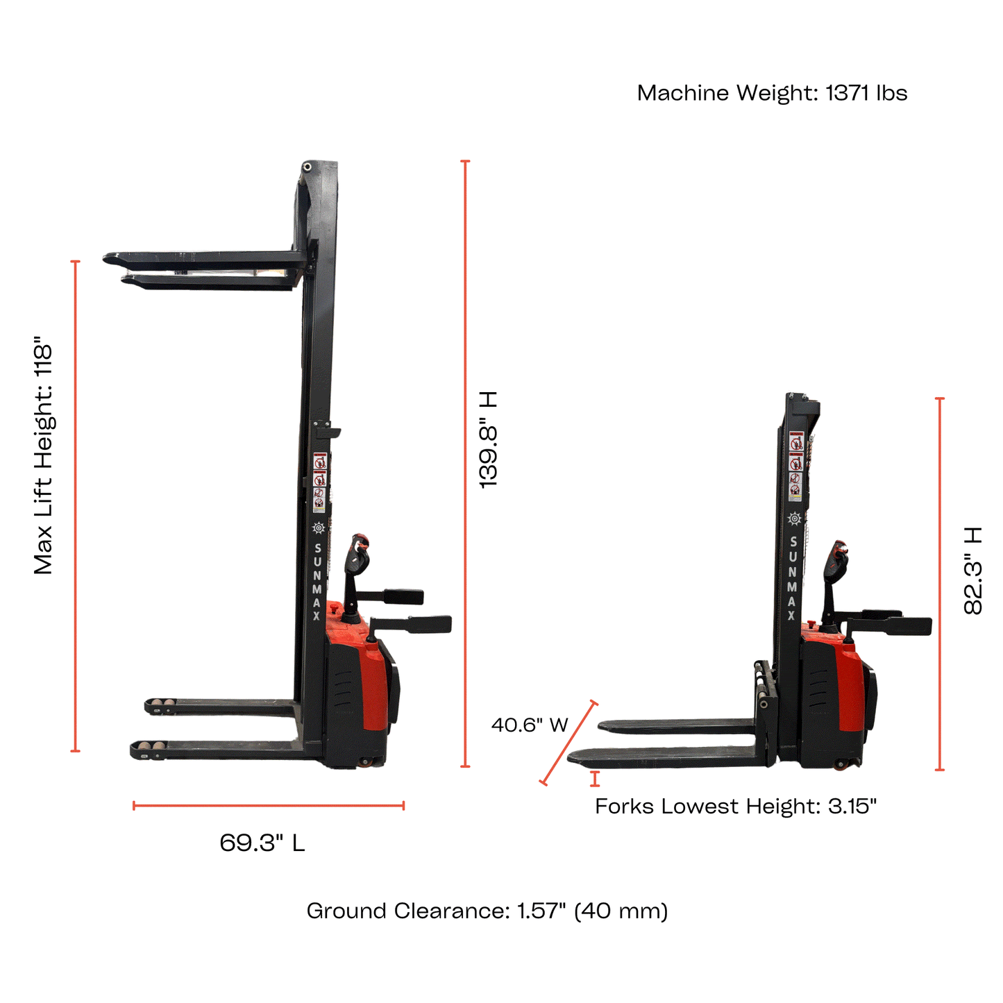 SUNMAX PS3300FE-3M electric pallet stacker with 3300 lbs capacity, 118-inch lifting height, and open-bottom pallet compatibility.