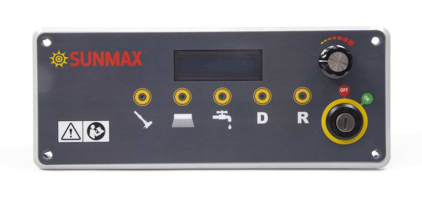 Control panel of SUNMAX RT50D and RT50D+ floor scrubber machines with buttons and key switch