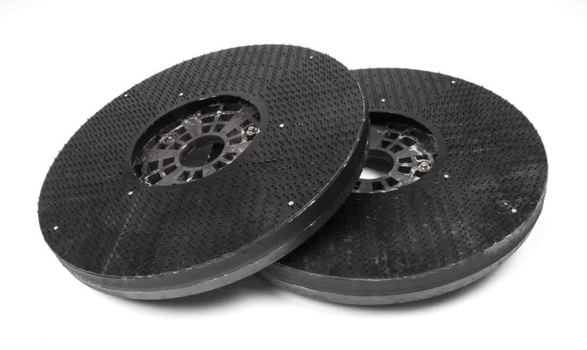 Pair of black Pad Driver Holders for SUNMAX RT120 Floor Scrubber Machine with textured surface for burnishing pads
