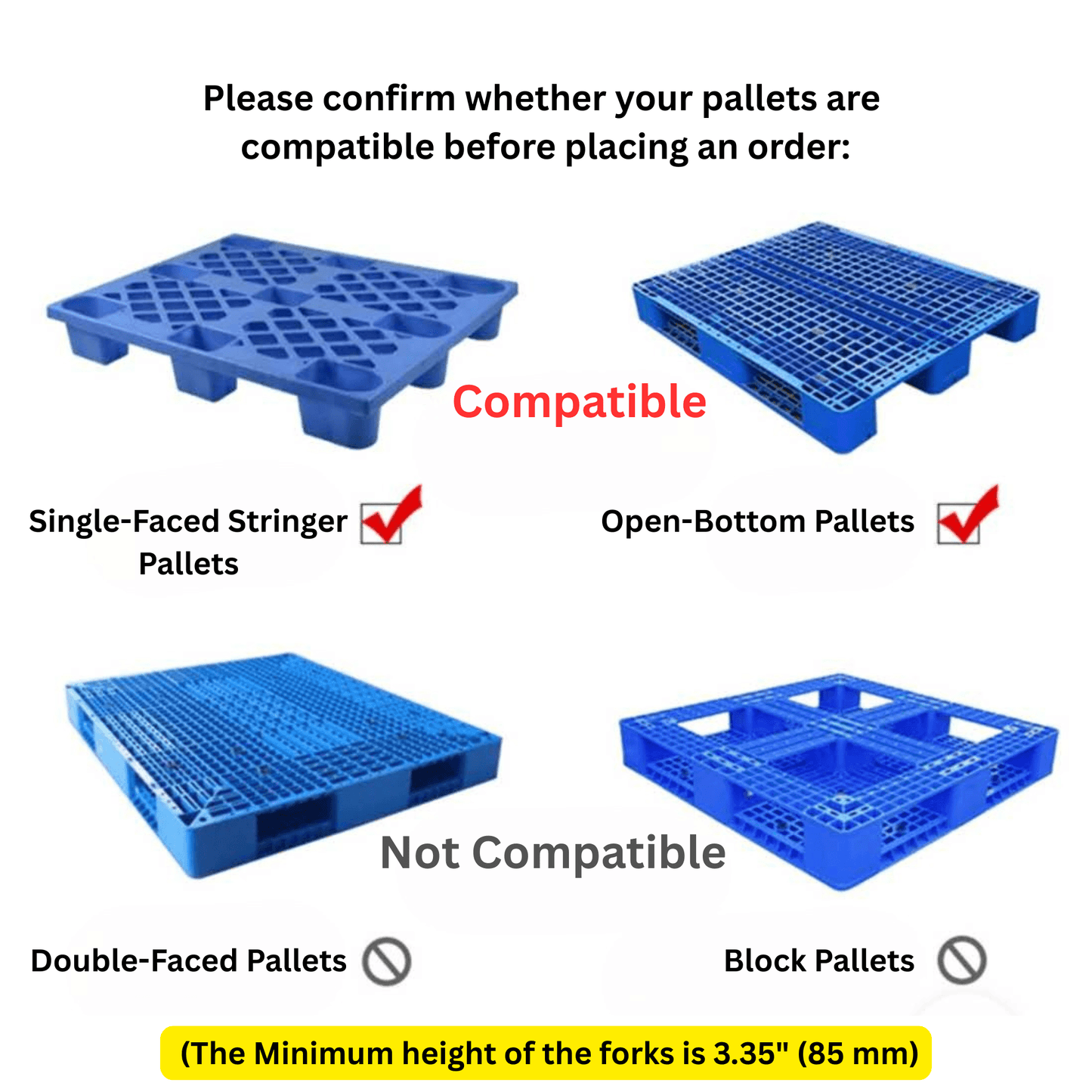 Electric pallet stacker compatible with single-faced stringer and open-bottom pallets, not suitable for double-faced or block pallets.