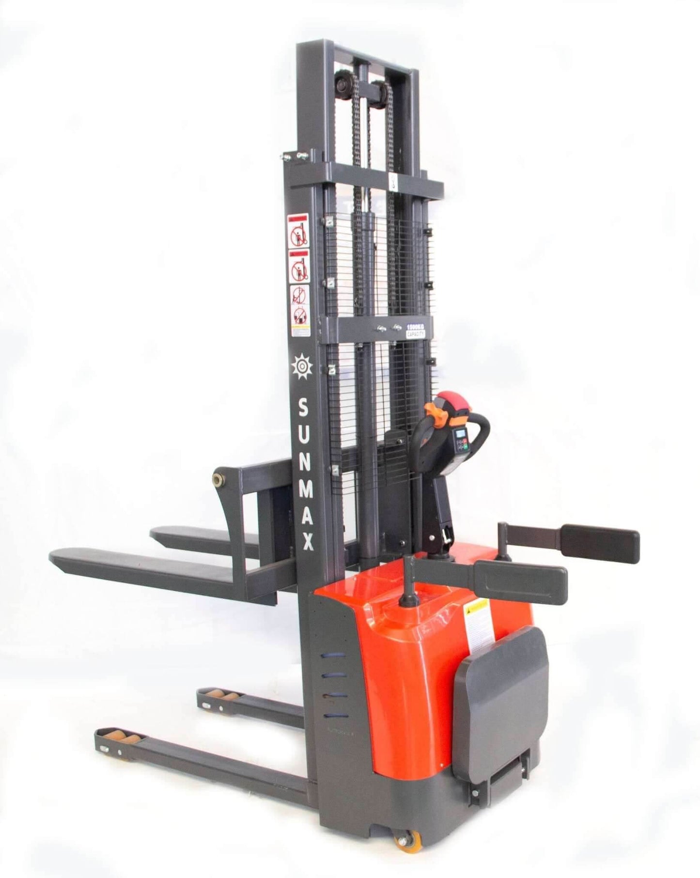 SUNMAX PS3300FE-3M electric pallet stacker with 3300 lbs capacity and 118-inch lifting height for open-bottom pallets