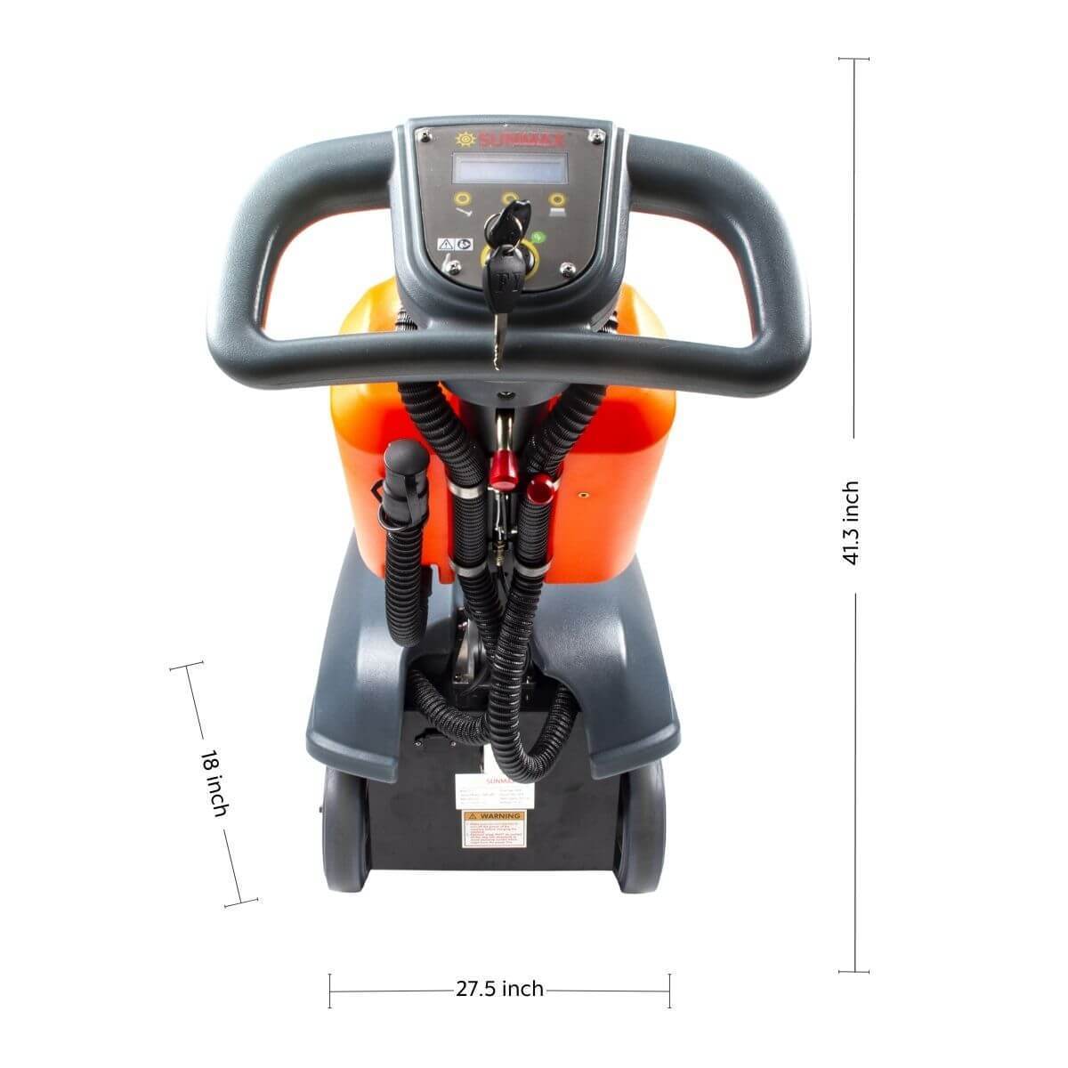 Front view of RT15+ 14-inch compact lithium battery floor scrubber with dimensions shown