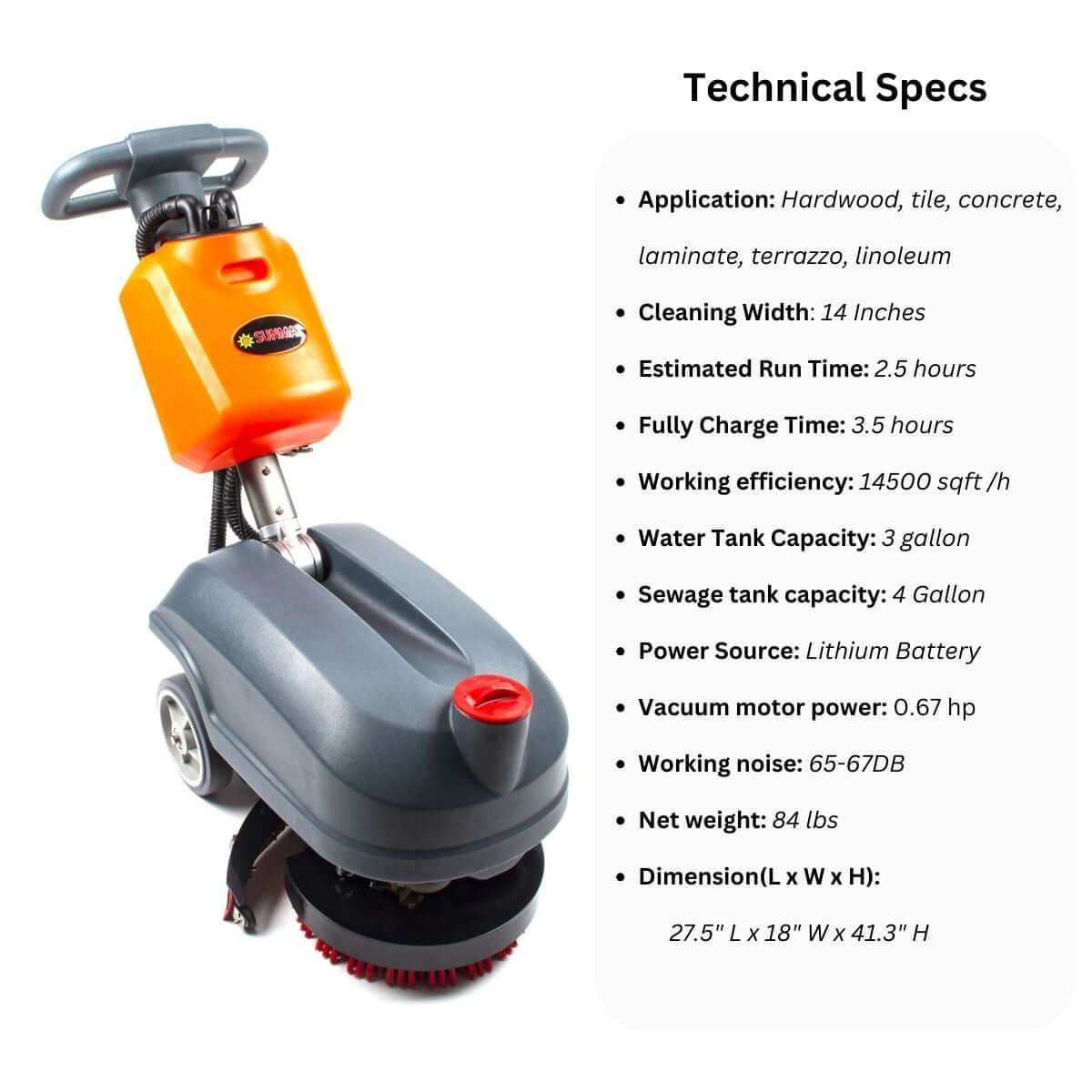 Compact walk behind floor scrubber with 14-inch brush, lithium battery, 2.5 hours runtime, cleaning up to 14,500 sqft/hr.