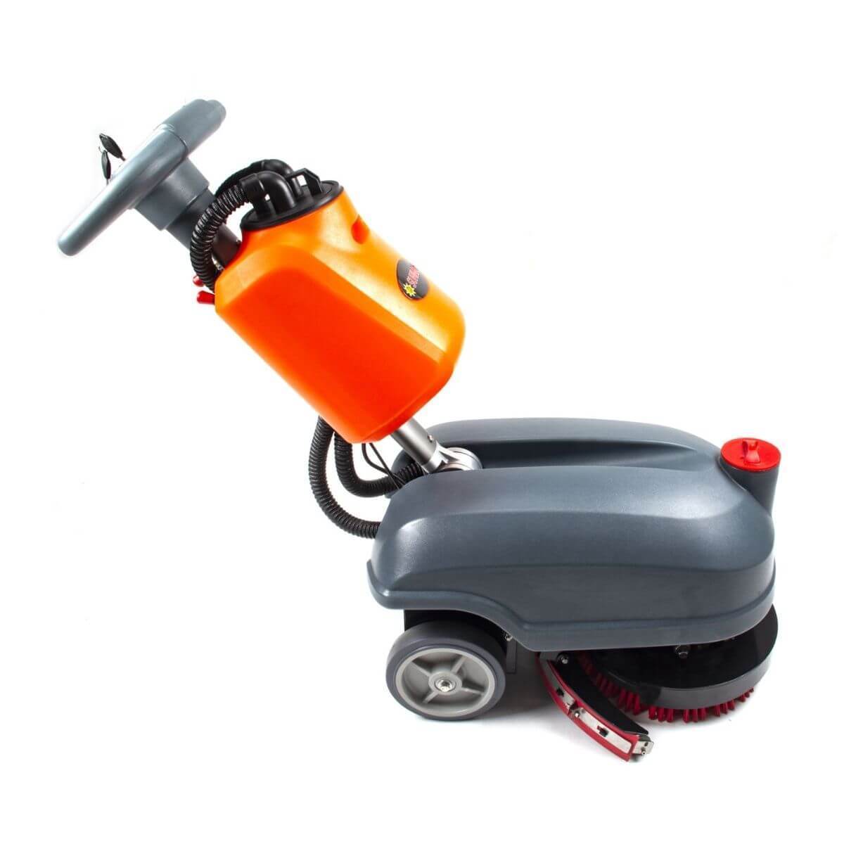 Compact 14-inch walk behind floor scrubber with heavy-duty brush and lithium battery for commercial cleaning