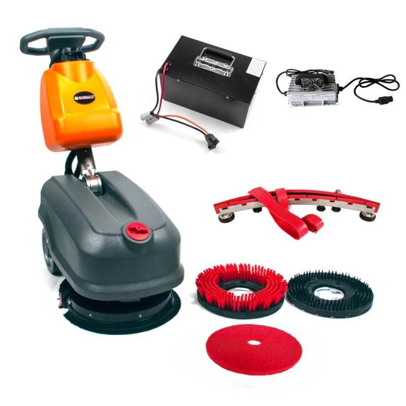 Compact orange and gray walk behind floor scrubber with 14-inch brushes and lithium battery, including charger and multiple brush attachments for heavy-duty cleaning