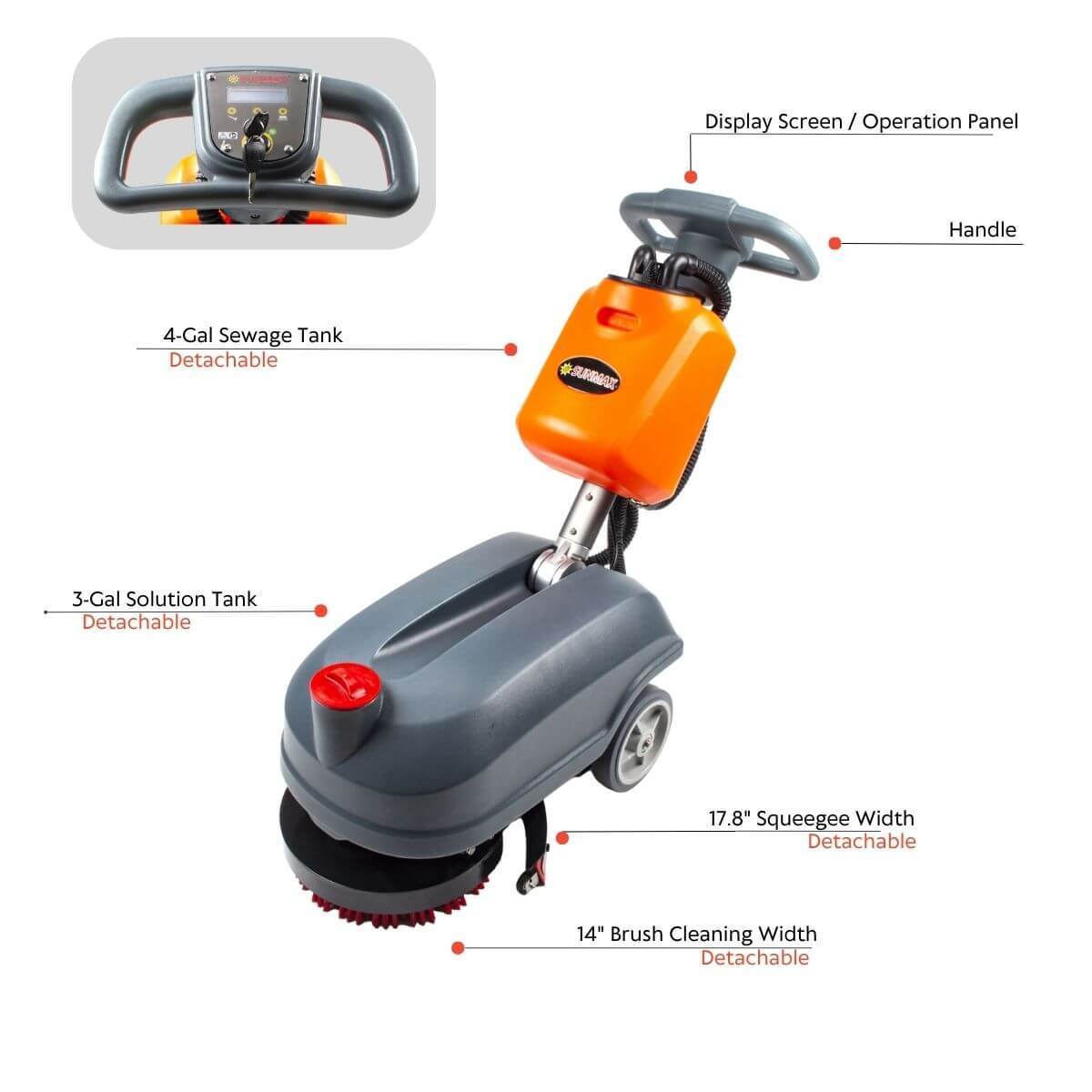 RT15+ 14-inch compact walk behind floor scrubber with lithium battery, detachable tanks, and 17.8-inch squeegee for heavy-duty cleaning