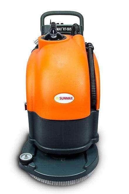 Orange and black RT50 battery powered walk-behind floor scrubber with 22-inch brush cleaning path for commercial floor maintenance