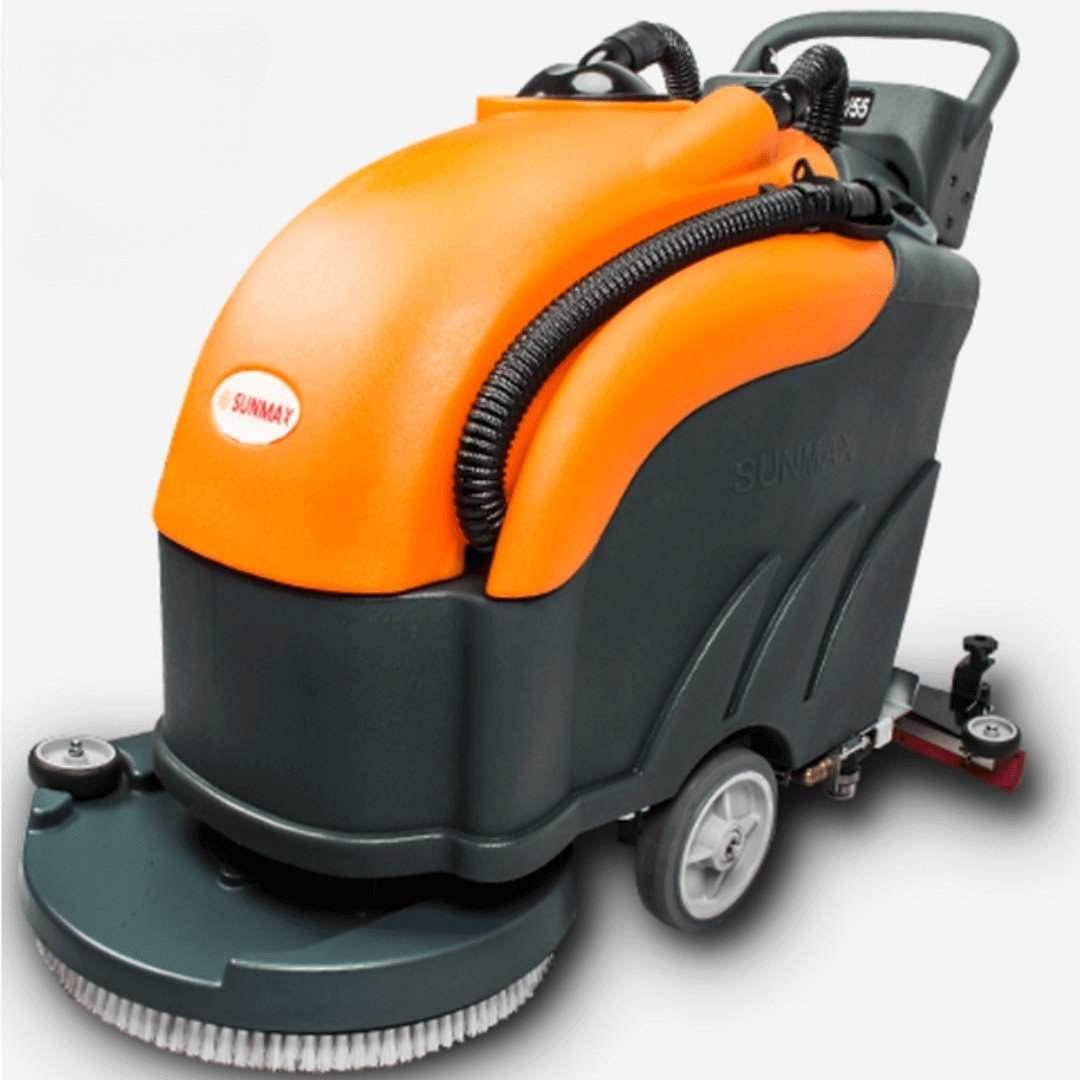 RT50 battery powered walk-behind floor scrubber with 22-inch brush, efficient for 30,000 sqft/hour cleaning, orange and black design.