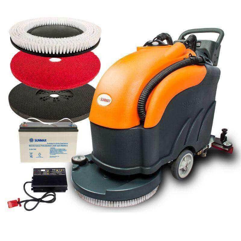 RT50 battery powered walk-behind floor scrubber with 22-inch brush, battery, charger, and brush pads for commercial cleaning.