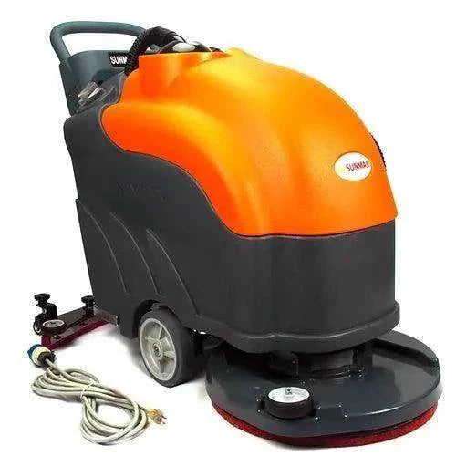 SUNMAX RT50AC walk-behind commercial floor scrubber with 22-inch cleaning path and 22-foot power cord in orange and black design