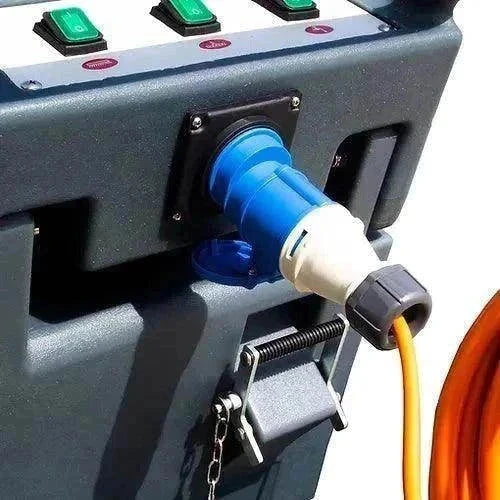 Close-up of RT50AC Walk-behind Commercial Floor Scrubber power cord connection with orange cable.