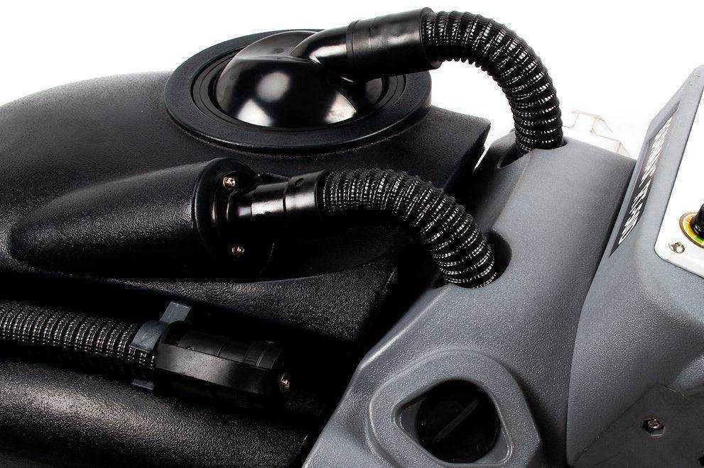 Close-up of RT50D+ Self-Propelled floor scrubber dryer hoses and components with lithium battery system