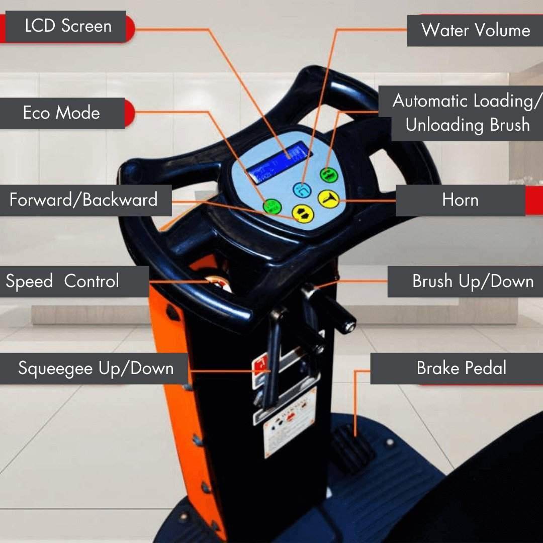 Close-up of SUNMAX RT70 ride on floor scrubber control panel with labeled buttons and LCD screen