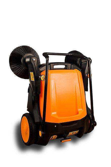 SUNMAX RT980 38" Manual Push Floor Sweeper with dual spinning brushes and 48L dustbin for efficient outdoor and indoor cleaning