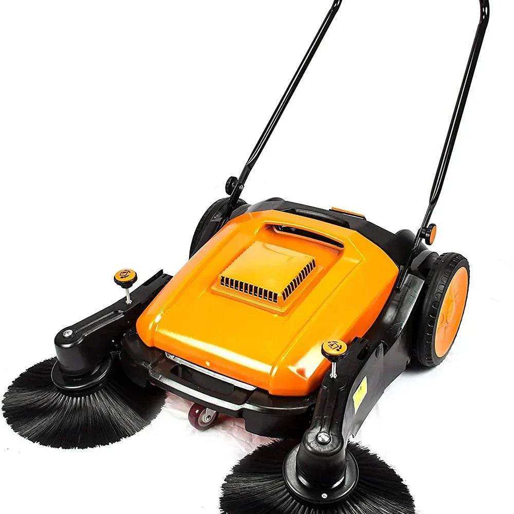 RT980S 38-inch walk behind sweeper with triple brooms and large wheels for indoor and outdoor cleaning