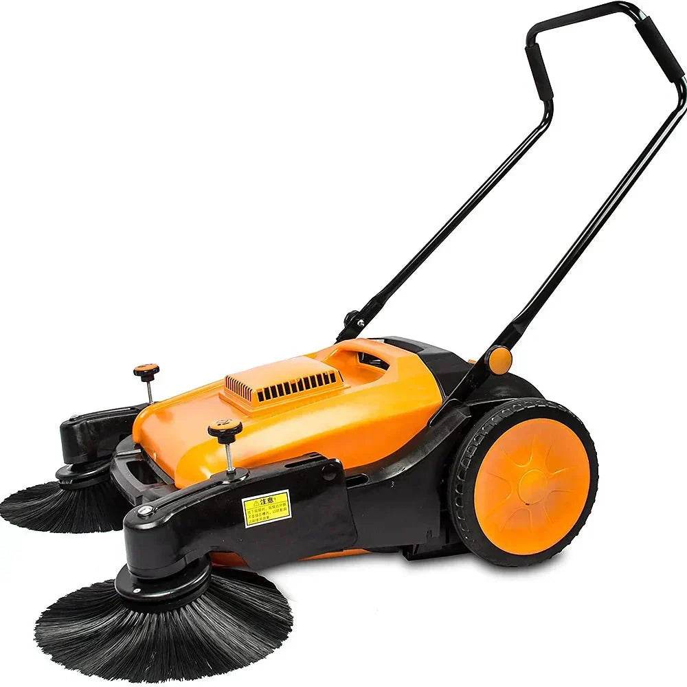 RT980S 38-inch walk behind sweeper with triple brooms, large wheels, and ergonomic handle for efficient indoor and outdoor cleaning.