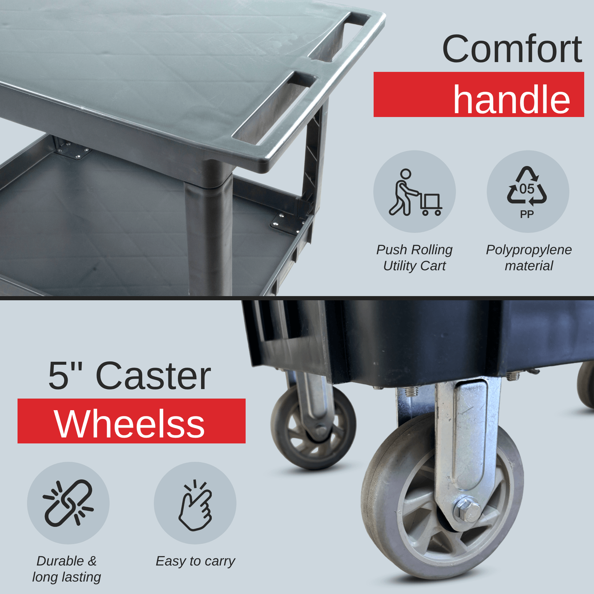 SC2500DP Heavy-Duty Utility Cart with Flat Top Shelf – 2-Tier Rolling Service Cart - SUNMAX