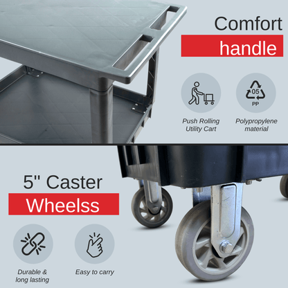 SC2500DP Heavy-Duty Utility Cart with Flat Top Shelf – 2-Tier Rolling Service Cart - SUNMAX
