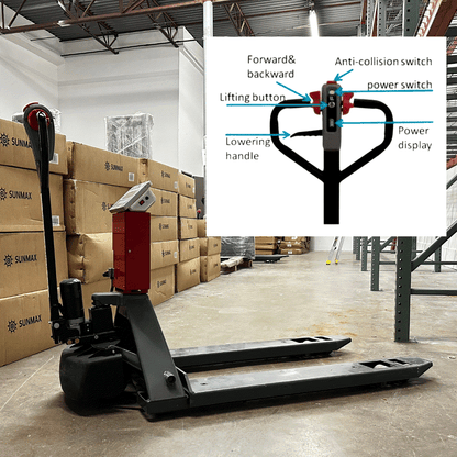 PT4400W Electric Pallet Jack with built-in scale, 4400 lbs capacity, electric brake, and control handle features in warehouse setting