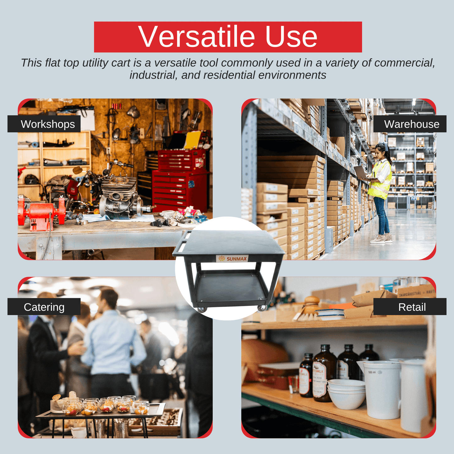 SC2500DP Heavy-Duty Utility Cart with Flat Top Shelf – 2-Tier Rolling Service Cart - SUNMAX
