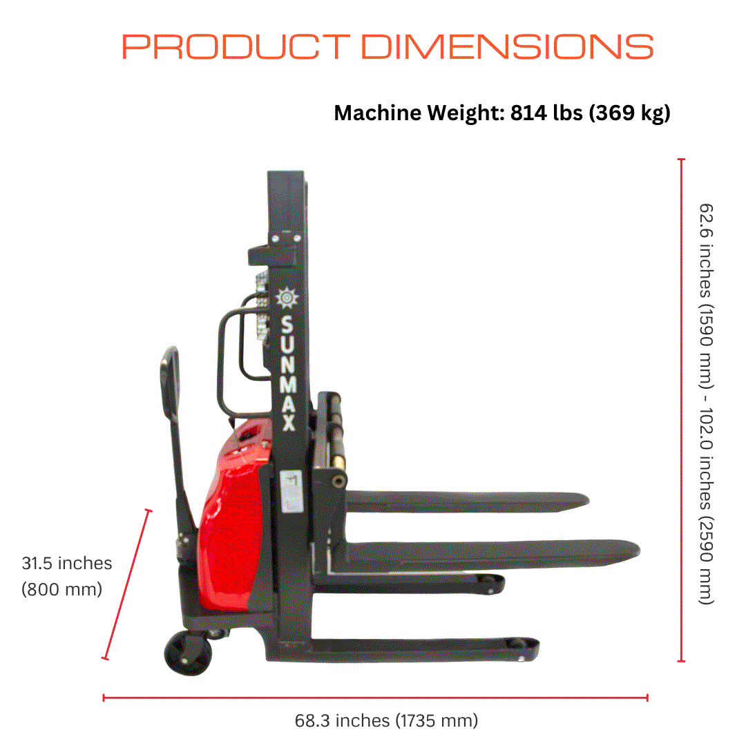 Semi-Electric Pallet Stacker PS3300SE-2M with 3300 lbs capacity, 78" lift height, fixed straddle legs, red and black design, side view with dimensions