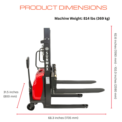 Semi-Electric Pallet Stacker PS3300SE-2M with 3300 lbs capacity, 78" lift height, fixed straddle legs, red and black design, side view with dimensions