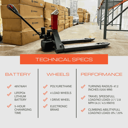 PT4400W electric pallet jack with built-in scale, 4400 lbs capacity, polyurethane wheels, electronic brake, lithium battery in warehouse setting