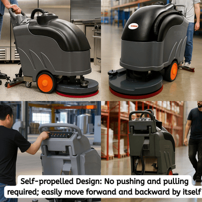 SUNMAX RT50D self-propelled floor scrubber with 22-inch cleaning width, 36,000 sqft/h capacity, ergonomic handle, and 14.5-gallon recovery tank.