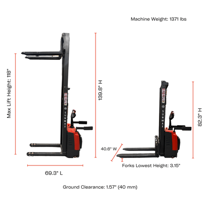 SUNMAX PS3300FE-3M electric pallet stacker with 3300 lbs capacity, 118-inch lifting height, and open-bottom pallet compatibility.