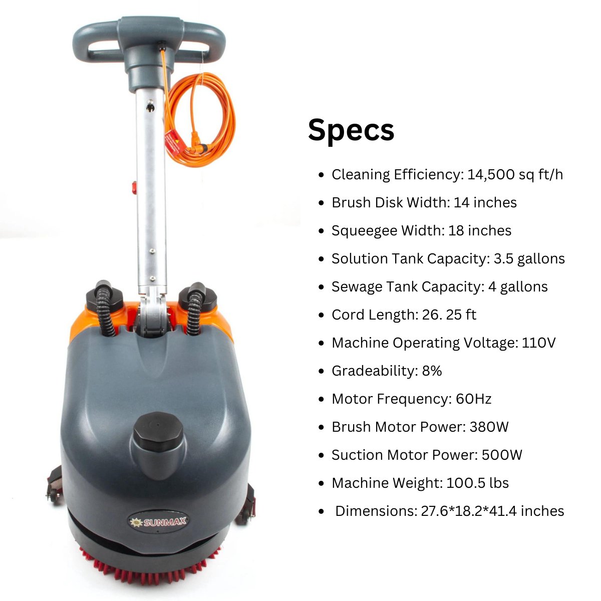 RT15AC 14“ Walk Behind Floor Scrubber Machine for Industrial Commercial Use, 26 ft Cord Offers Uninterrupted Power Supply - SUNMAXSUNMAXFloor Scrubber Machine