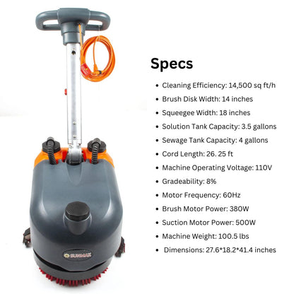 RT15AC 14“ Walk Behind Floor Scrubber Machine for Industrial Commercial Use, 26 ft Cord Offers Uninterrupted Power Supply - SUNMAXSUNMAXFloor Scrubber Machine