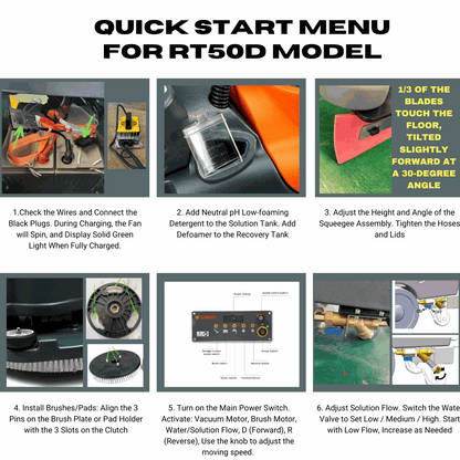 Self-propelled floor scrubber RT50D quick start menu with connection, detergent addition, blade adjustment, brush installation, control panel, and solution flow adjustment instructions