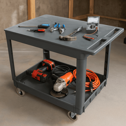 SC2500DP Heavy-Duty Utility Cart with Flat Top Shelf – 2-Tier Rolling Service Cart - SUNMAX