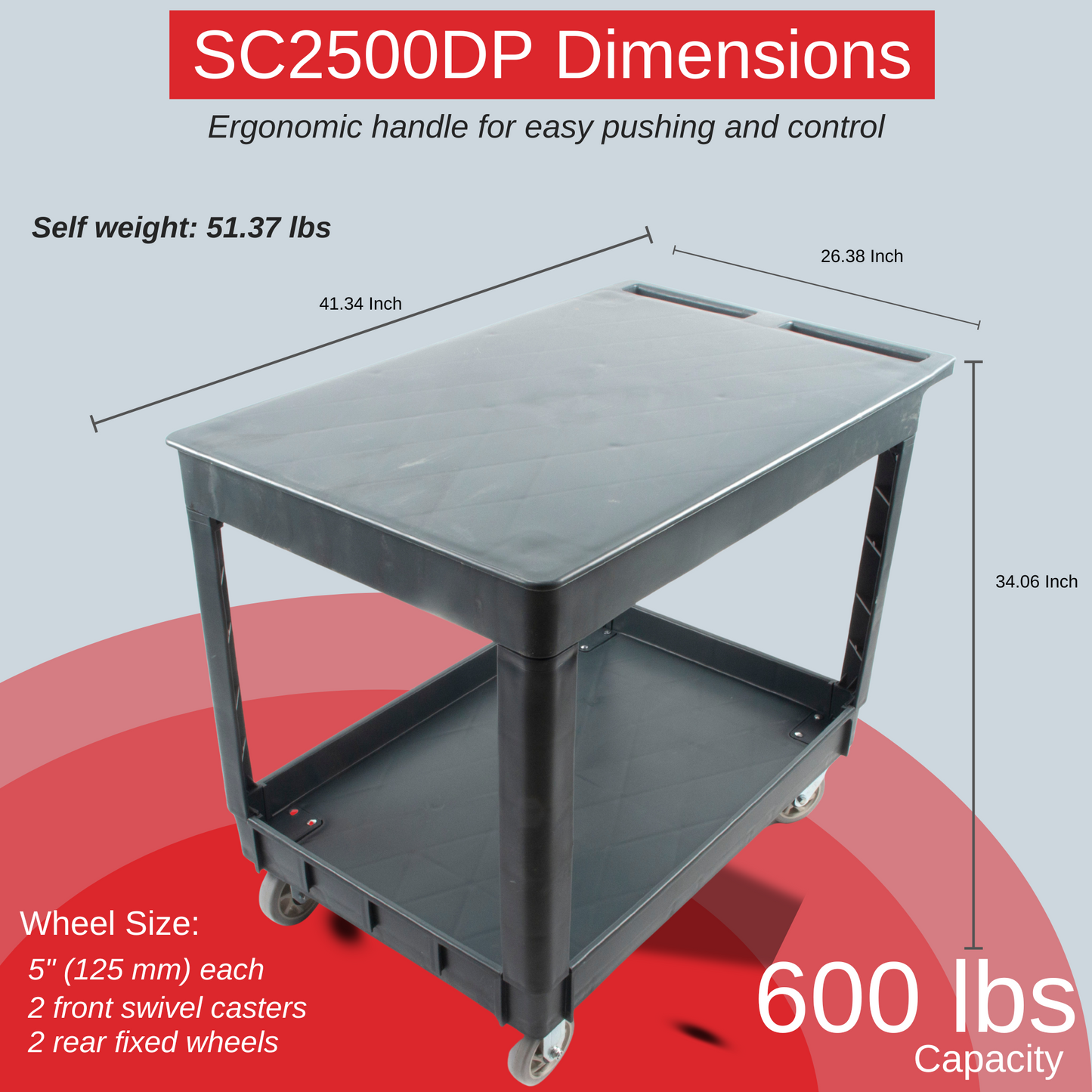 SC2500DP Heavy-Duty Utility Cart with Flat Top Shelf – 2-Tier Rolling Service Cart