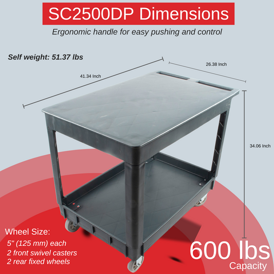 SC2500DP Heavy-Duty Utility Cart with Flat Top Shelf – 2-Tier Rolling Service Cart